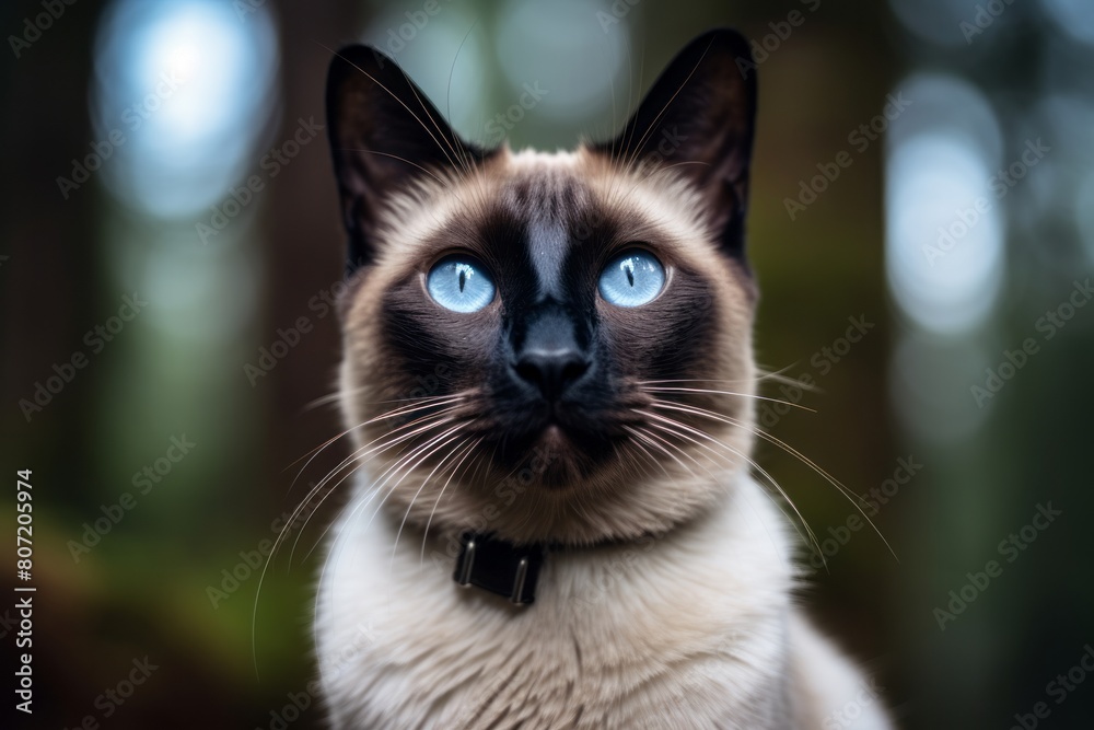 Medium shot portrait photography of a curious siamese cat belly showing in forest background Medium shot portrait photography of a curious siamese cat belly showing in forest background