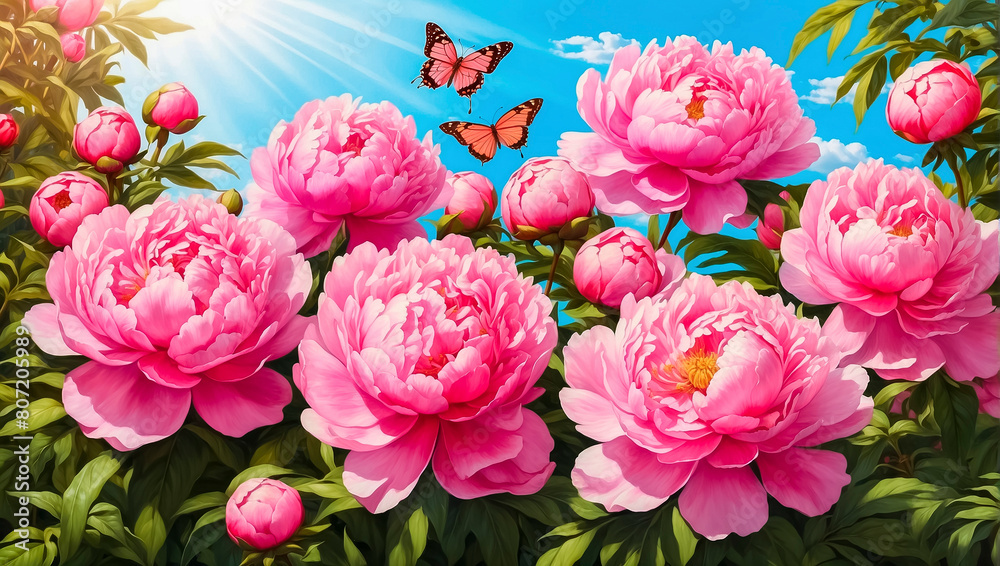 Pink peonies in the garden with butterflies