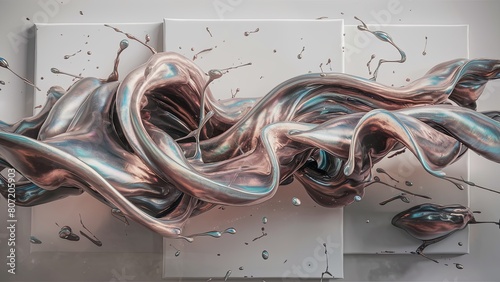 Elegant flowing art with metallic swirls and splashes, perfect for modern interior design and abstract backgrounds. Metallic mother-of-pearl paint, wave paints. AI illustration.