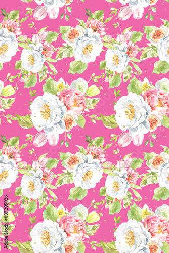 Watercolor peony seamless pattern, spring flowers green clipart, leaves, pink, scrapbooking,wallpaper,wrapping, gift,paper, for clothes, children textile,digital paper, floral drop, pattern