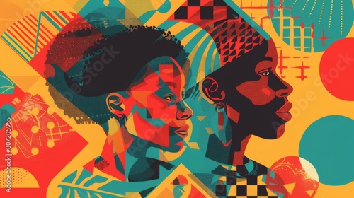 Two black women face each other in a vibrant painting