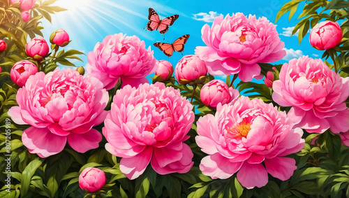Pink peonies in the garden with butterflies