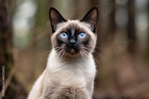 Medium shot portrait photography of a curious siamese cat belly showing on forest background © Markus Schröder