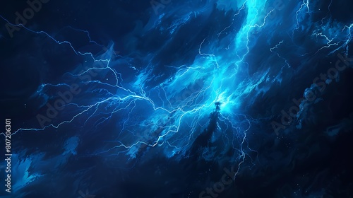 Electric blue lightning bolt streaking across a dark stormy sky, powerful and dramatic.