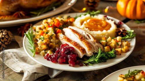 A white plate of Thanksgiving food.
