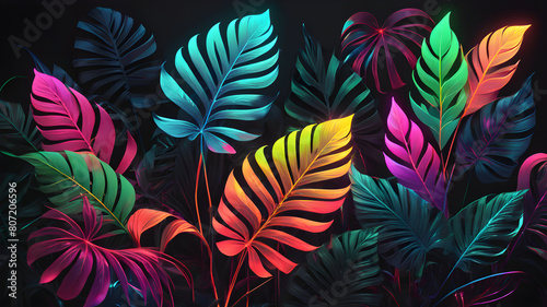 Multicolored tropical leaves backlight neon. Abstract background with palm and tropical leaves  neon