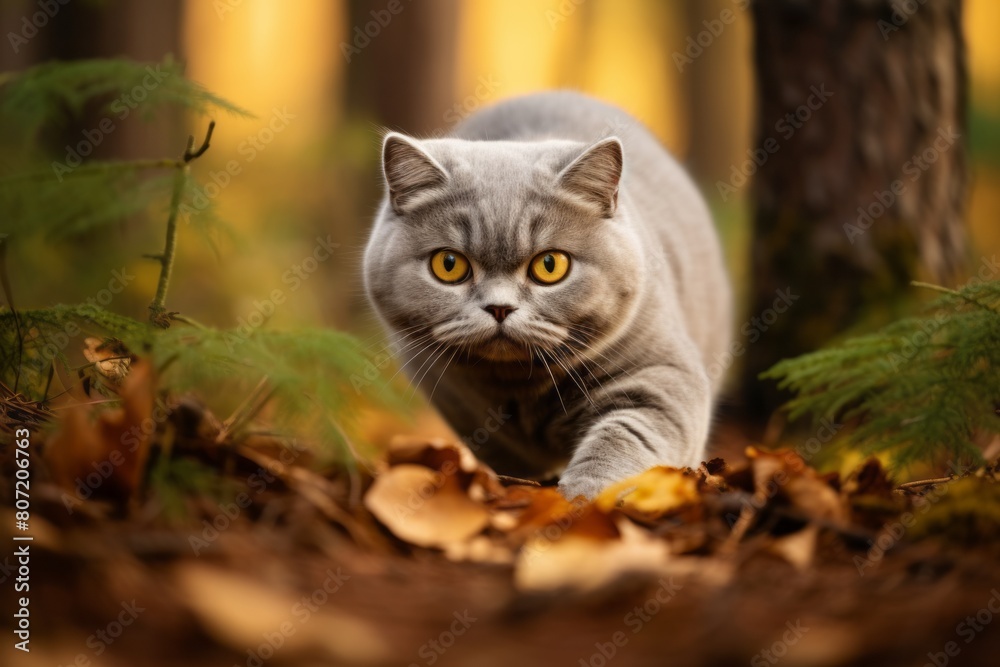 Environmental portrait photography of a curious british shorthair cat hunting in forest background