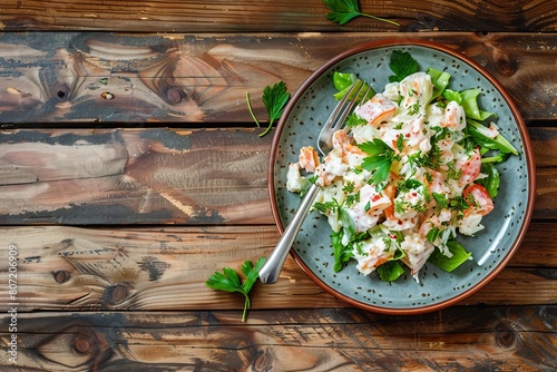 Crab salad on a wooden table in rustic style top view with space for text photo