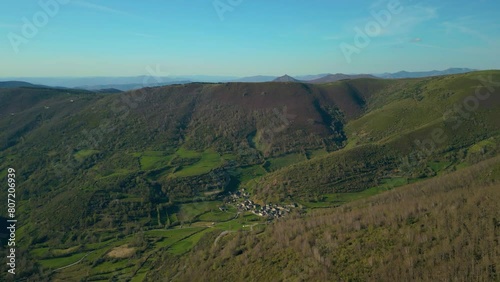 Panoramic View Of Piornedo Village In The Ancares Mountains In Spain - Drone Shot photo