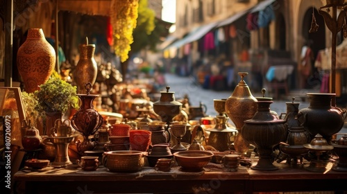 Vibrant marketplace in ancient Greek city colorful stalls exotic goods