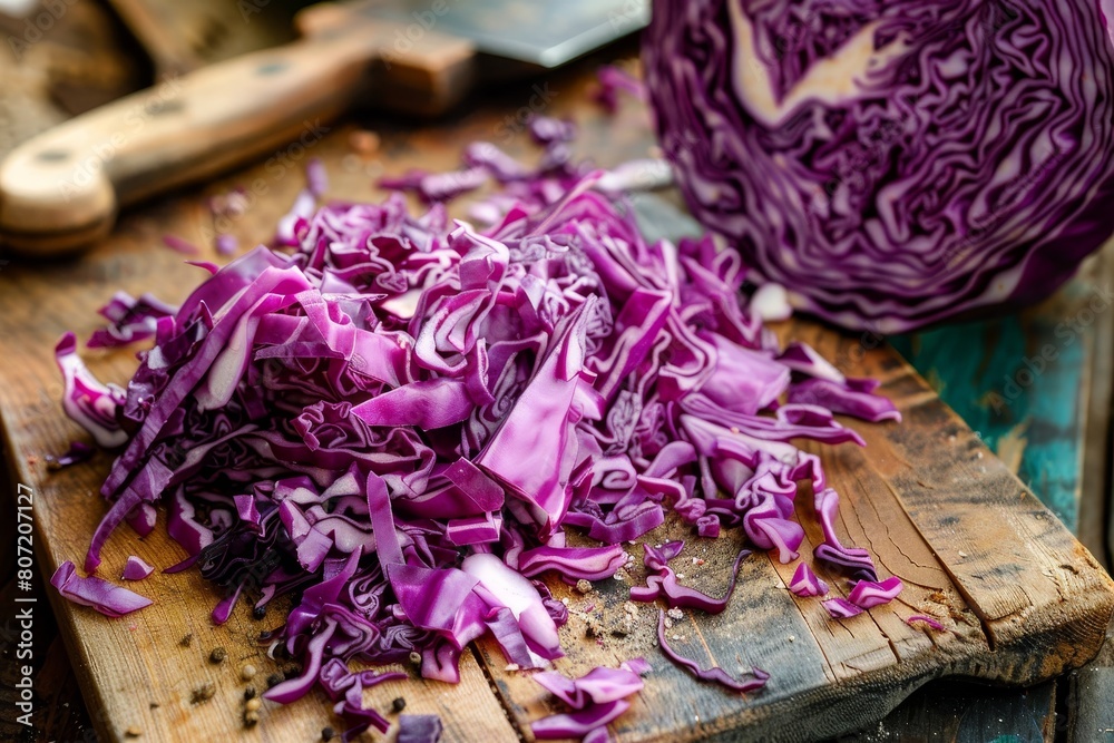 close up of chopped red cabbage on cutting board close up of chopped red cabbage on cutting board