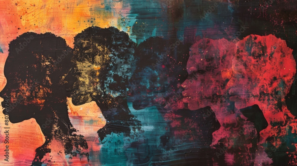 Two vibrant figures of different colors embrace in a celebration of freedom Two vibrant figures of different colors embrace in a celebration of freedom