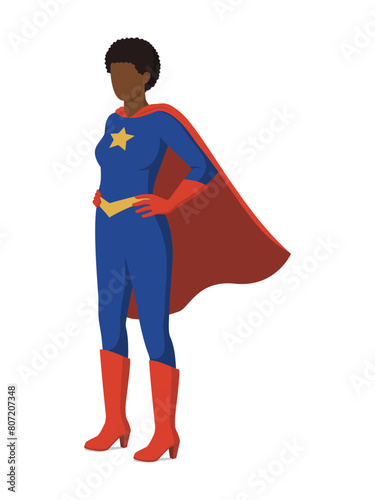 Confident superhero woman posing with arms akimbo