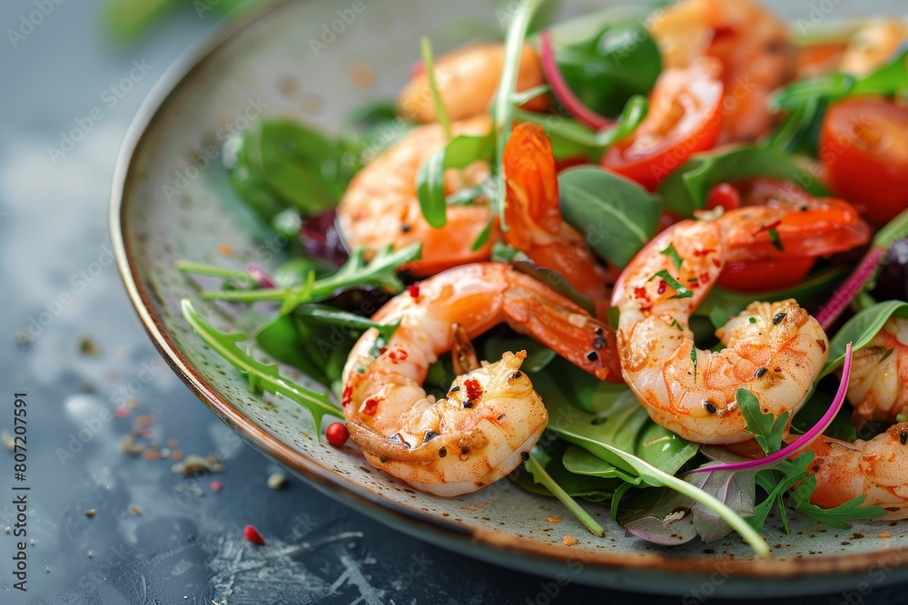 Close up of seafood salad with greens and tiger prawns Close up of seafood salad with greens and tiger prawns