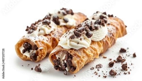 Close up of traditional Italian dessert Sicilian Cannoli with ricotta cheese on a white background