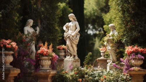 Lush garden adorned with exotic flowers and mythical statues for divine banquets