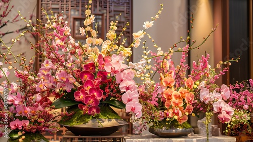 Elegant Chinese New Year floral displays featuring intricate arrangements of orchids, peonies, and cherry blossoms, symbolizing beauty and renewal.