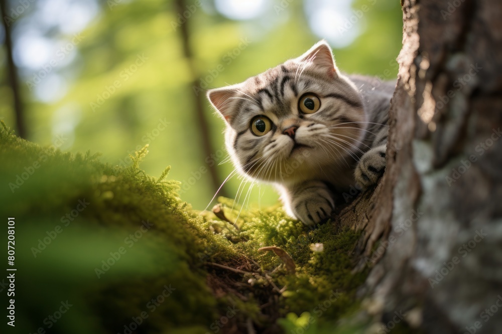 Environmental portrait photography of a smiling scottish fold cat wall climbing in forest background Environmental portrait photography of a smiling scottish fold cat wall climbing in forest background