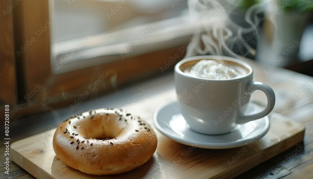 Close up view of bagel with cream cheese and coffee in 4K captures morning bliss Close up view of bagel with cream cheese and coffee in 4K captures morning bliss