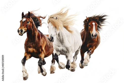 Three ponies mid-prance  joyful