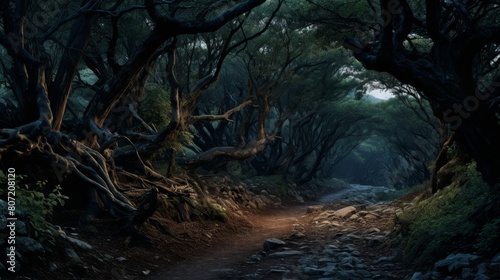 Mystical forest at twilight where ancient trees whisper secrets