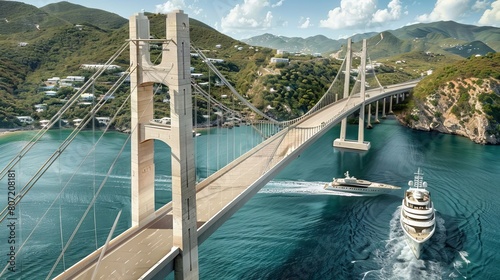 10h travel poster style illustration, high-angle view of St Maarten Bridge, bridge is raised with a megayacht going through it, --ar 16:9 --style raw --weird 900 photo