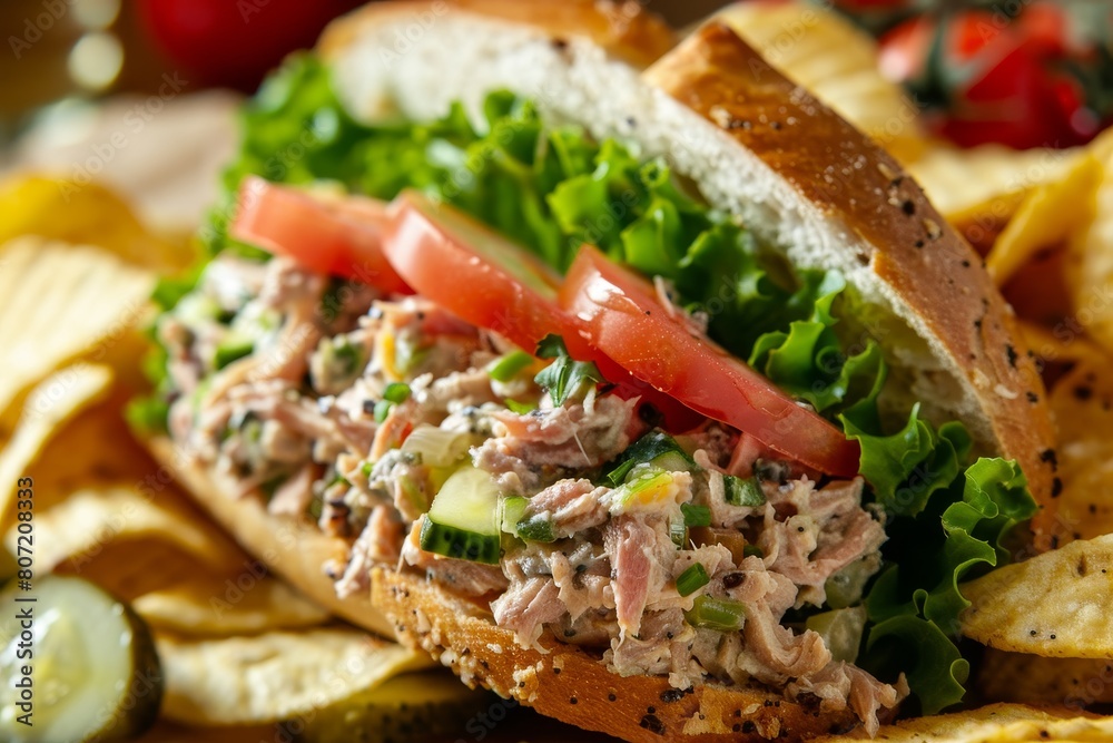 Closeup of a tuna sub sandwich with pickles and chips Closeup of a tuna sub sandwich with pickles and chips