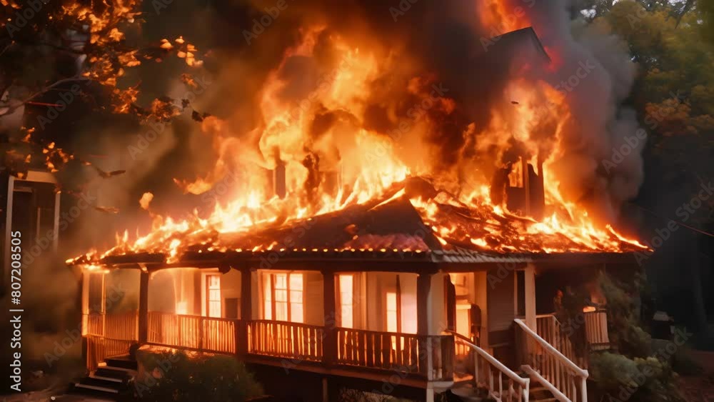 House engulfed in fierce flames during the night. Intense fire consuming a home. Concept of emergency, disaster response, and fire safety awareness. Motion House engulfed in fierce flames during the night. Intense fire consuming a home. Concept of emergency, disaster response, and fire safety awareness. Motion