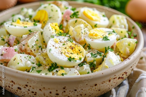 Closeup of potato salad with sliced hard boiled eggs on top