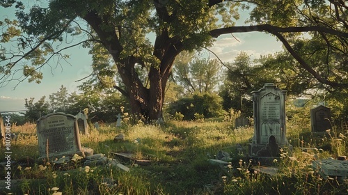 Serene cemetery with large tree and headstones bathed in sunlight.