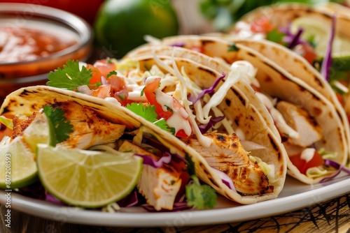 Closeup photo of Mexican chicken taco with tortillas cabbage slaw cheese salsa cream sauce lime Angled focus shot