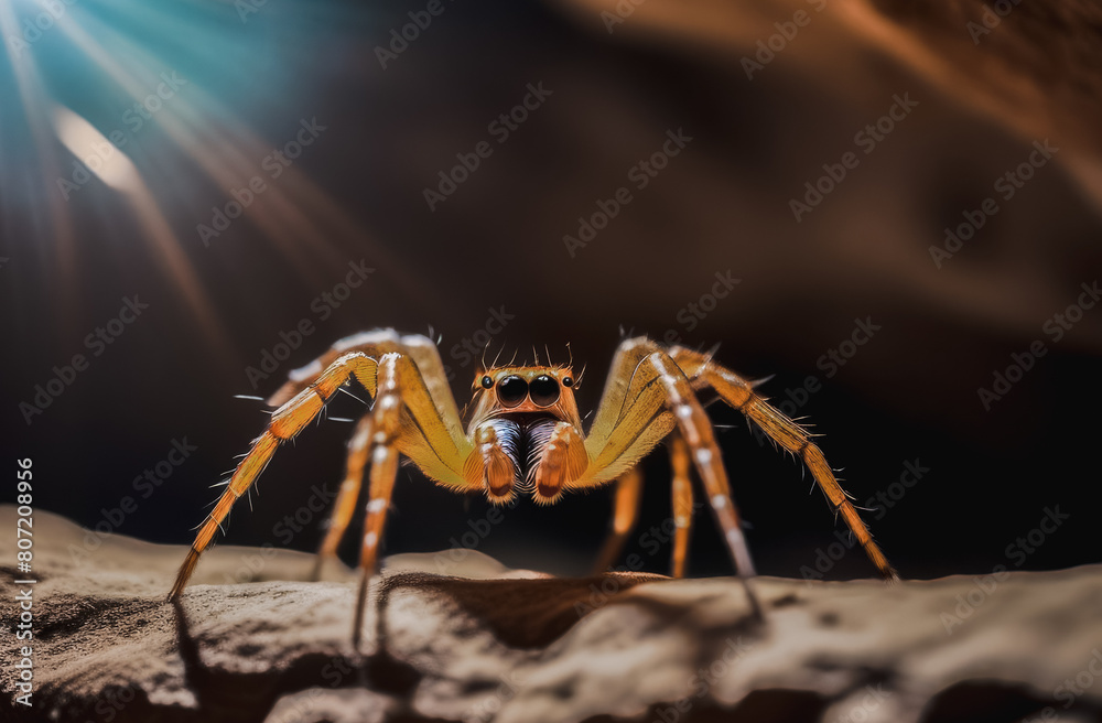 Close-up of a golden spider in a sandy landscape. natural habitat Close-up of a golden spider in a sandy landscape. natural habitat
