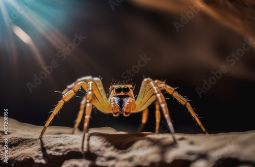 Close-up of a golden spider in a sandy landscape. natural habitat © Екатерина Абатурова