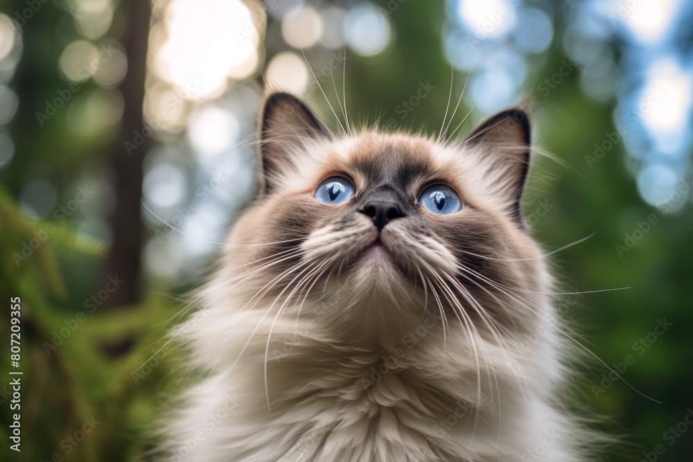 Close-up portrait photography of a smiling neva masquerade cat skulking in front of forest background Close-up portrait photography of a smiling neva masquerade cat skulking in front of forest background