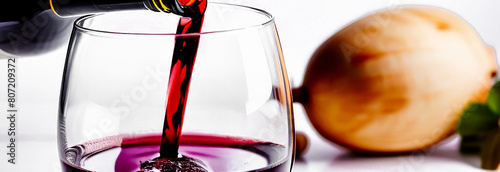 A banner of red wine pouring into a glass on a white background. free space for text © Екатерина Абатурова