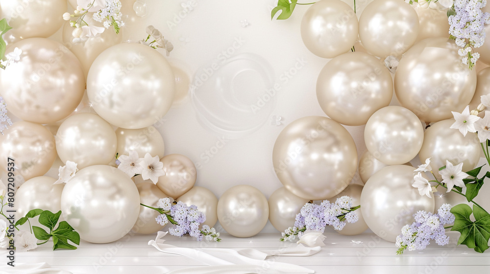 A balloon wall evoking the first light of spring, with balloons in soft pearl and translucent whites, creating a luminous effect, and adorned with realistic morning glory and white lilacs, 