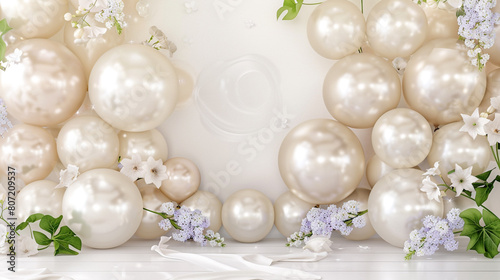 A balloon wall evoking the first light of spring, with balloons in soft pearl and translucent whites, creating a luminous effect, and adorned with realistic morning glory and white lilacs, 