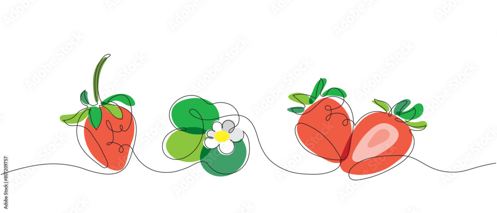 Vector color set of stylized strawberries with leaves in one line
