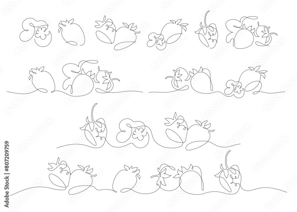 Graphic vector set of linear strawberries in simplified style