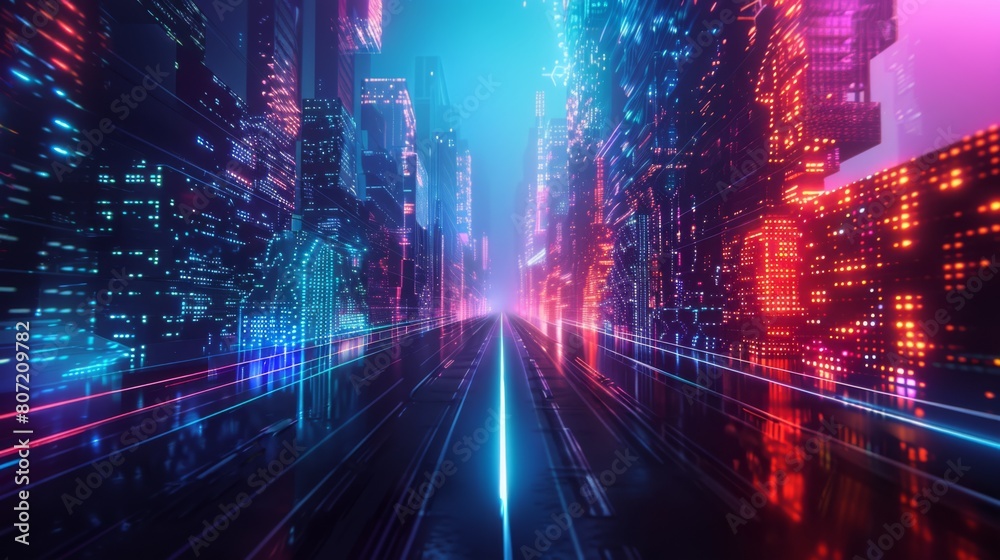 Abstract futuristic tunnel with neon lights and skyscrapers. 3d rendering