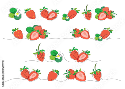 Colored set of stylized vector strawberries in minimalist style