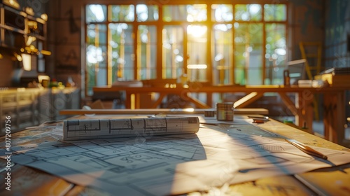 Blueprints Laid Out on the Worktable During the Ongoing Renovation