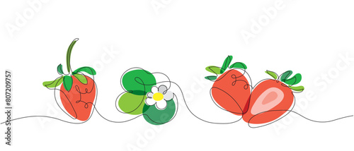 Vector color set of stylized strawberries with leaves in one line