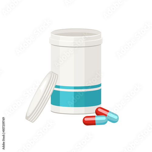 Open bottle with pills isolated on white background. Vector cartoon flat illustration of medication.