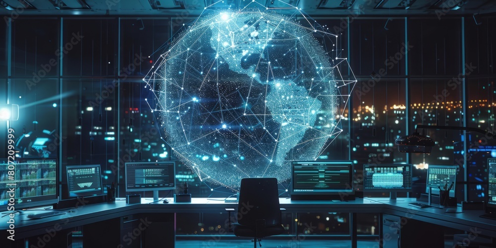 Fototapeta premium Futuristic AI data visualization over advanced workstation. Banner with copy space