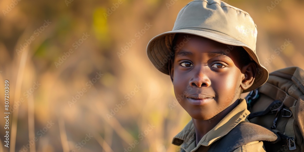 Outdoor portrait of a young boy in a safari hat and backpack looking at the camera with a natural backdrop Outdoor portrait of a young boy in a safari hat and backpack looking at the camera with a natural backdrop