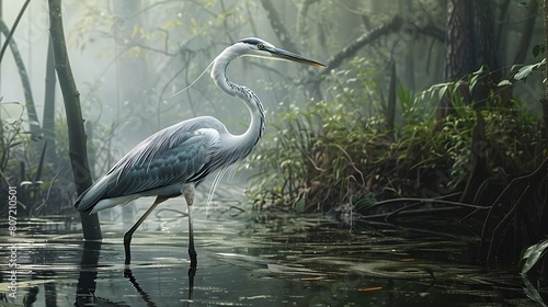 Elegant heron wading gracefully through a jungle marsh  its long legs and slender neck perfectly adapted to its watery habitat.