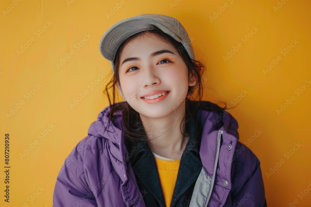 Happy Asian woman in purple jacket smiles at camera. Happy Asian woman in purple jacket smiles at camera.