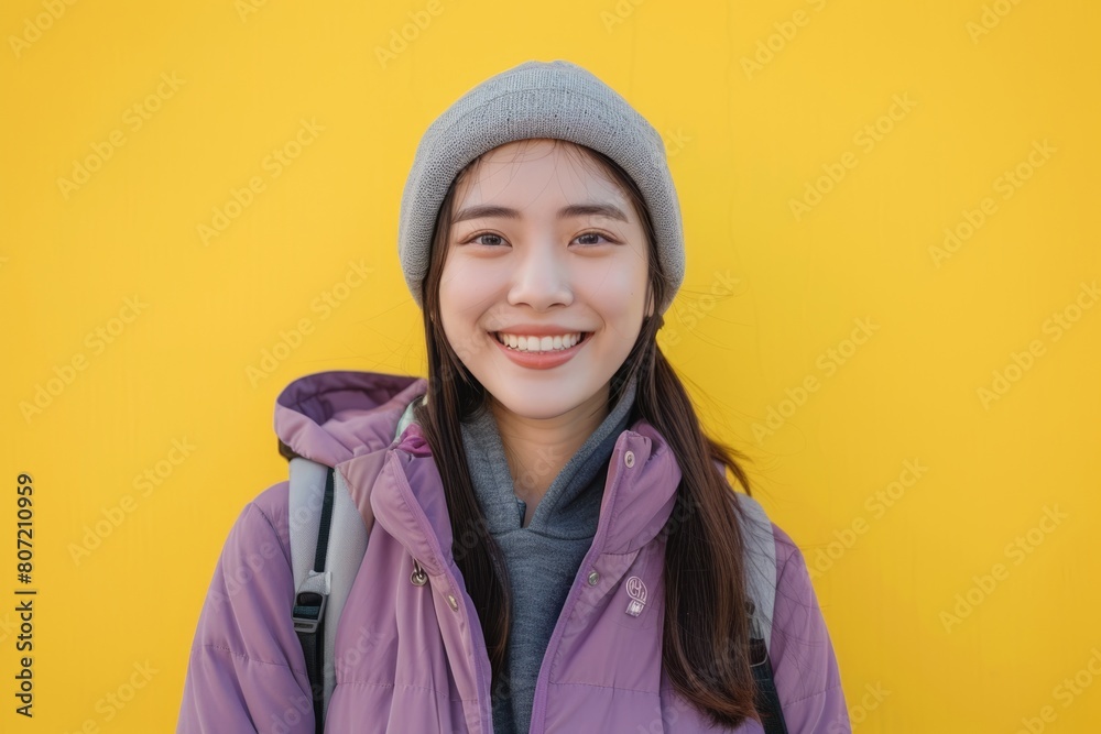 Happy Asian woman in purple jacket smiles at camera. Happy Asian woman in purple jacket smiles at camera.