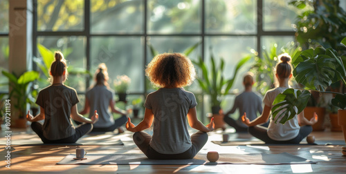 Group of Women Sitting on Yoga Mat by Window